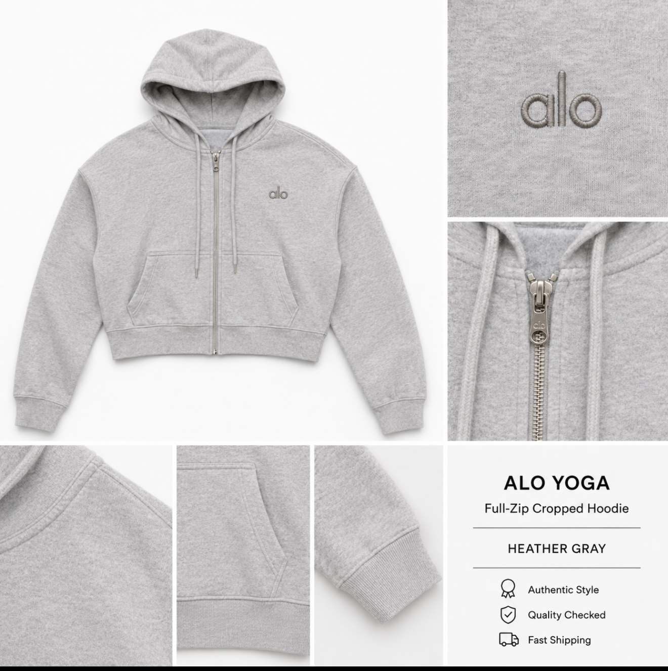 Alo Yoga Gray Full-Zip Cropped Hoodie